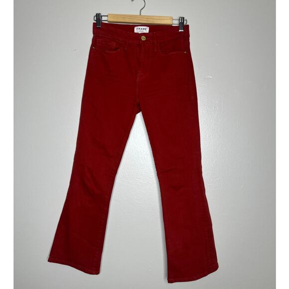 Frame Le Crop Mini Boot Jeans Fired Brick Red Flare High Rise Stretch Denim 25 - Picture 2 of 8
